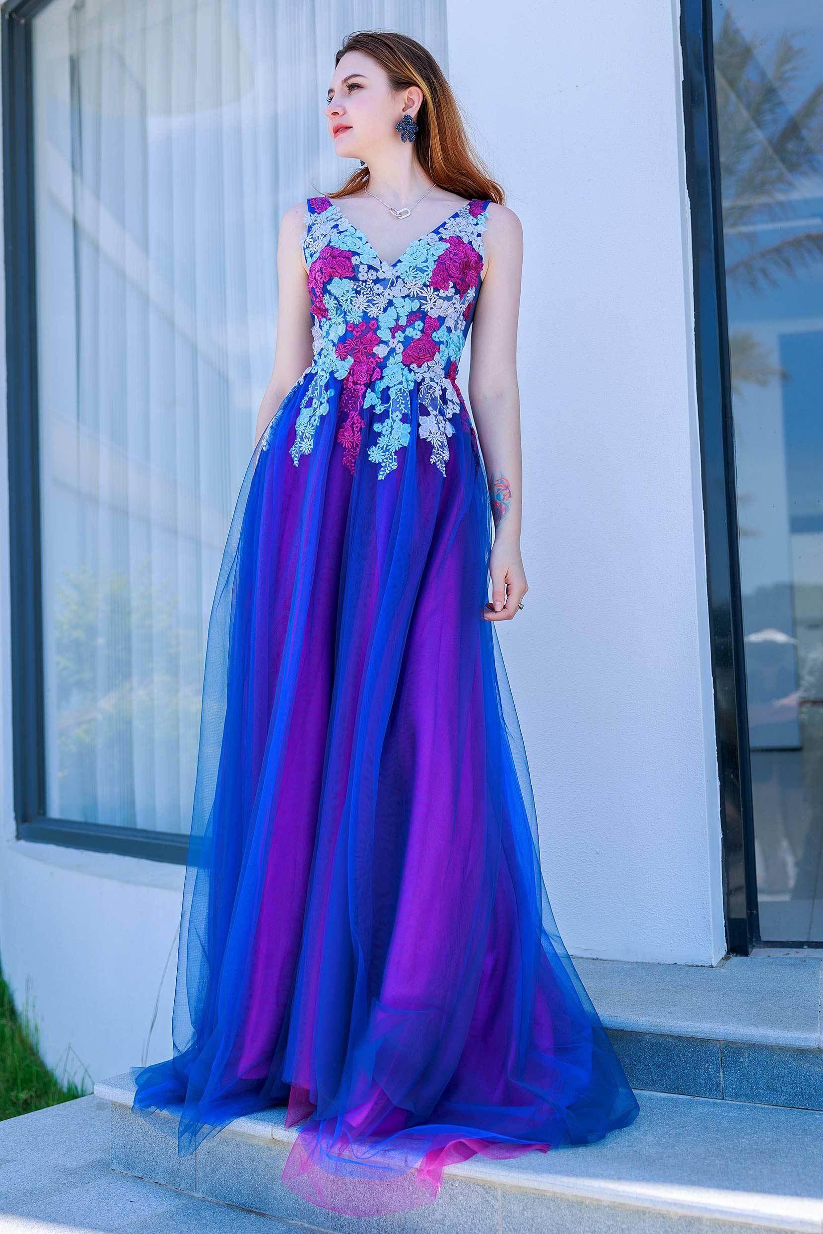 A-Line Sweep-Brush Train Tulle Prom Dress CS0500 - COCOMELODY